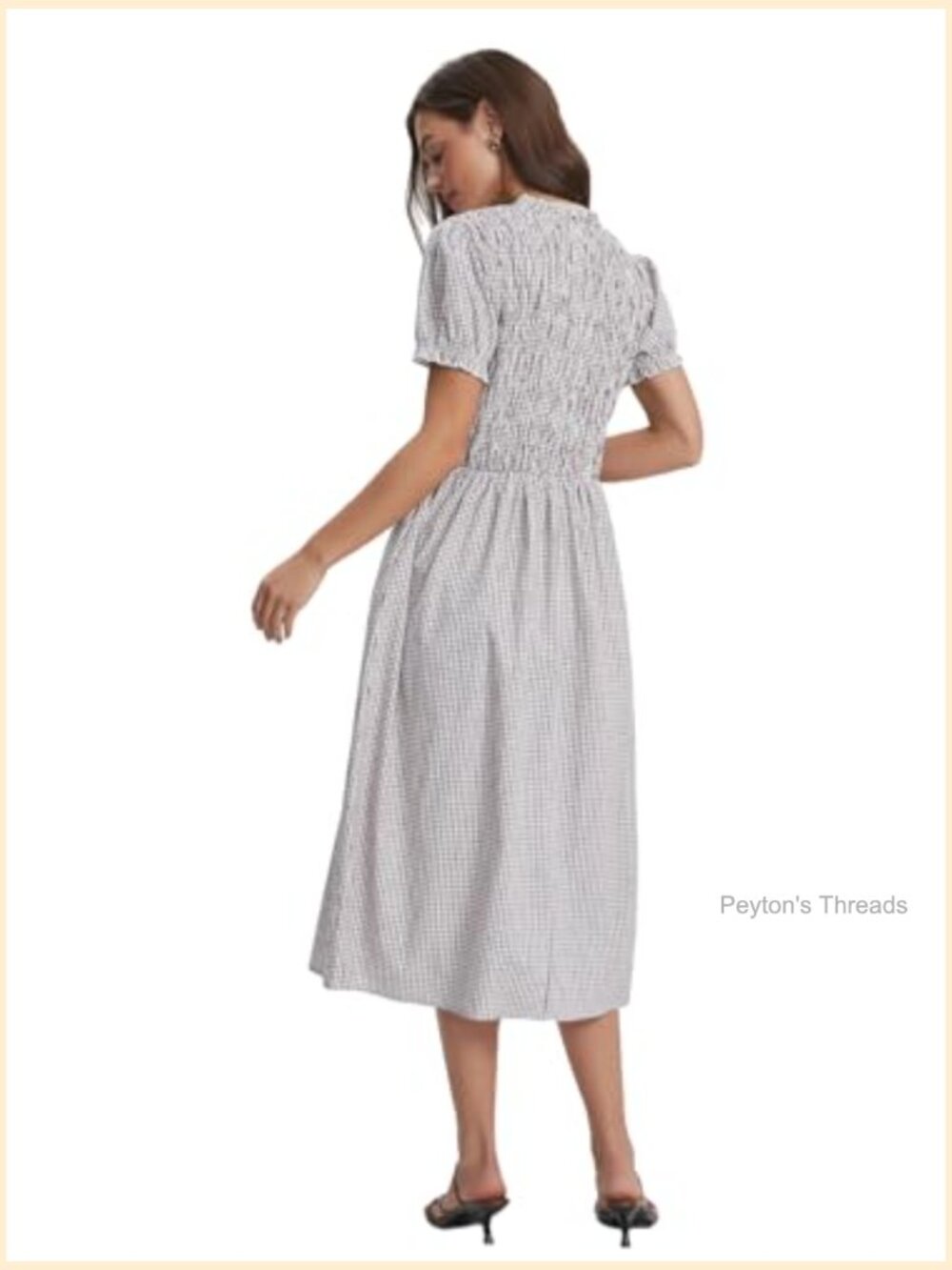 Summer Midi Dress Puff Short Sleeve Flowy Boho Beach Gingham Smocked Sundress - Picture 5 of 6